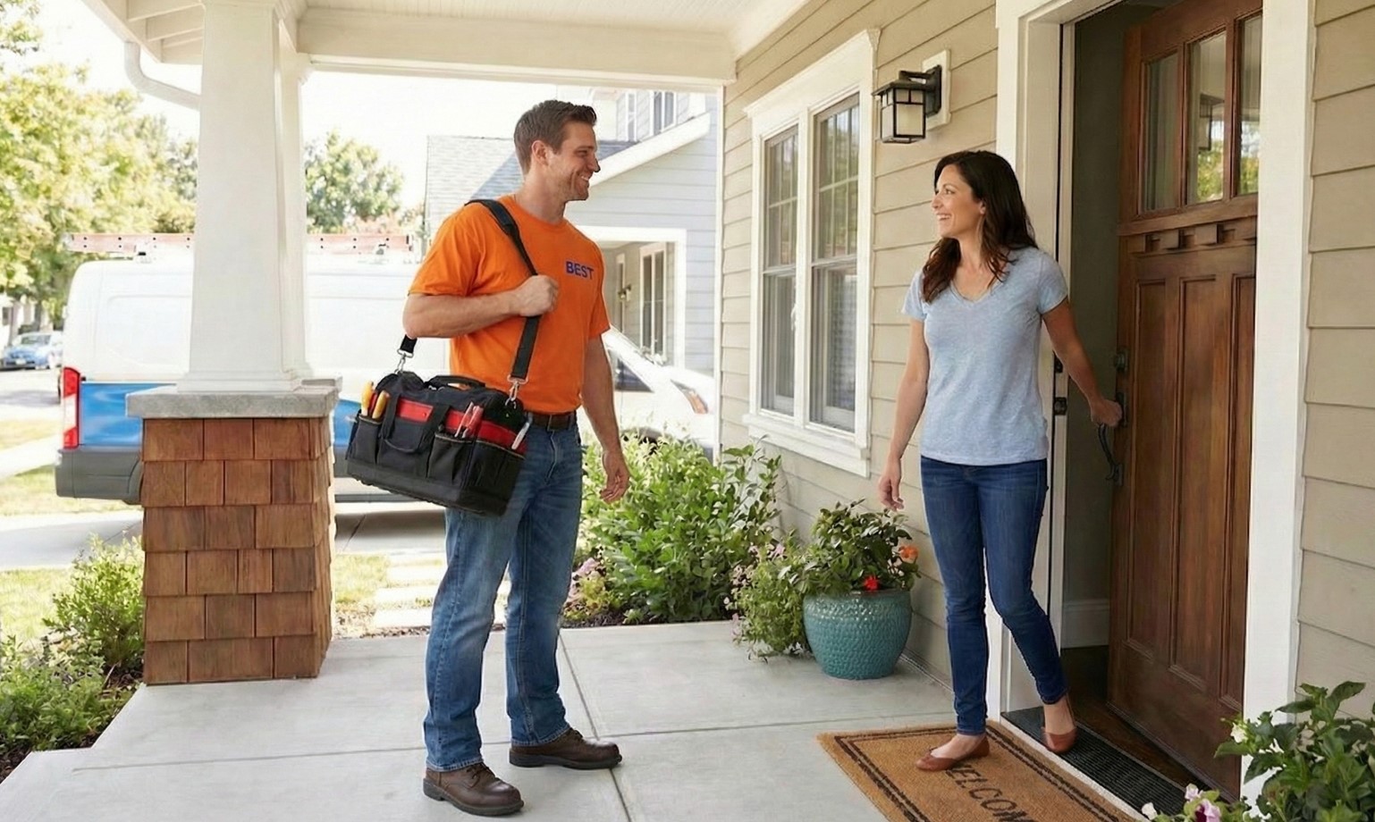 Professional technician greeting customer